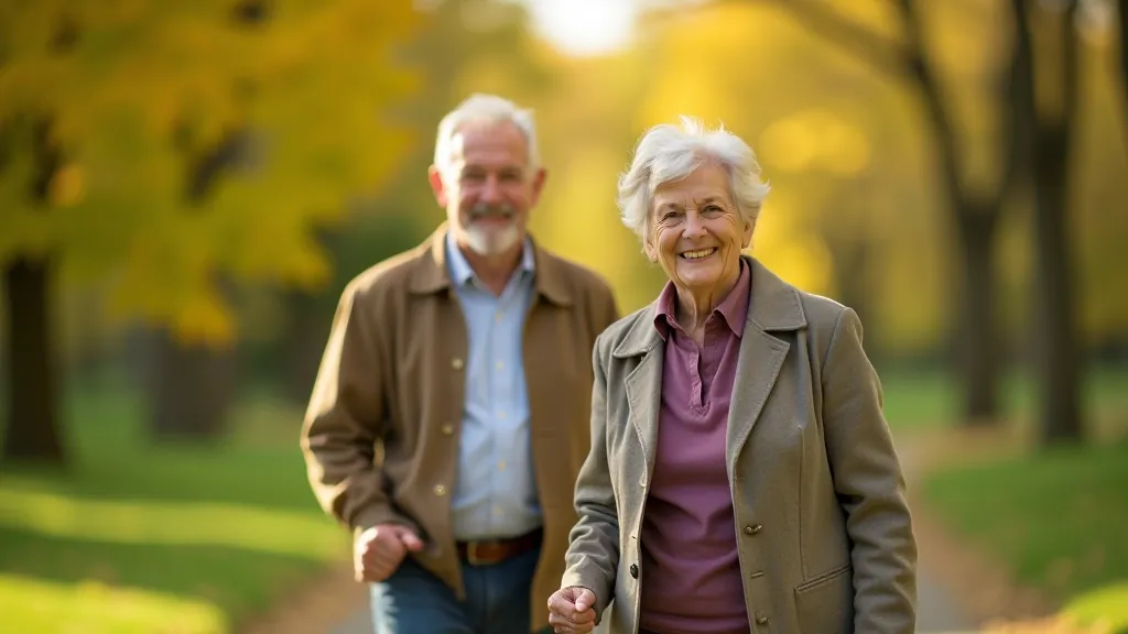 Seniori pastaigā parkā, smaidu uz sejas, skaisti apstākļi